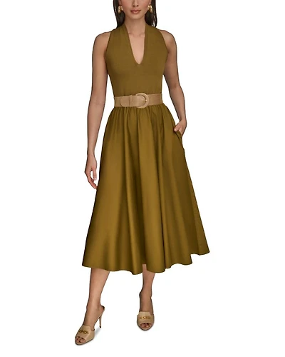Sateen A Line Belted Midi Dress