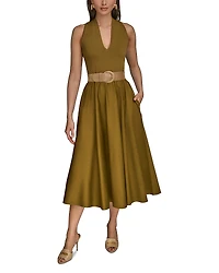 Donna Karan Sateen A Line Belted Midi Dress