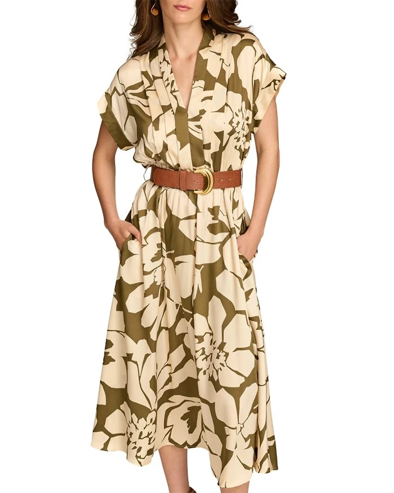 French Twill Floral Belted Midi Dress