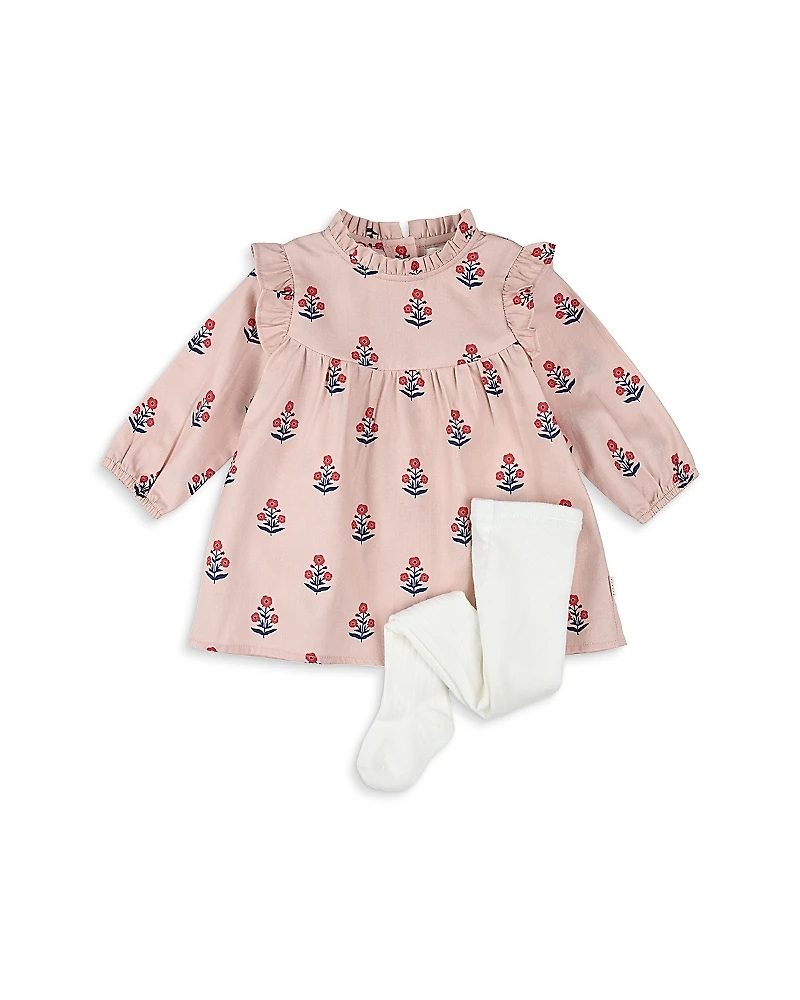 Firsts by petit lem Girls' Poppy Print Brushed Twill Dress & Footed Tights Set - Baby