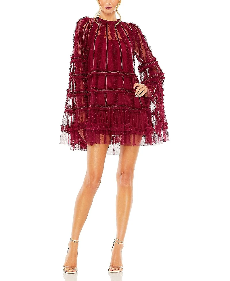 Mac Duggal High Neck Ruffle Bell Sleeve Trapeze Dress