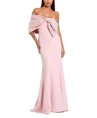 Off-the-Shoulder Satin Mermaid Gown with Beaded Bow Detail