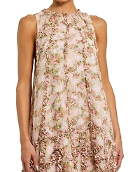Sleeveless Floral Print Chiffon Micro Ruffle Gown
