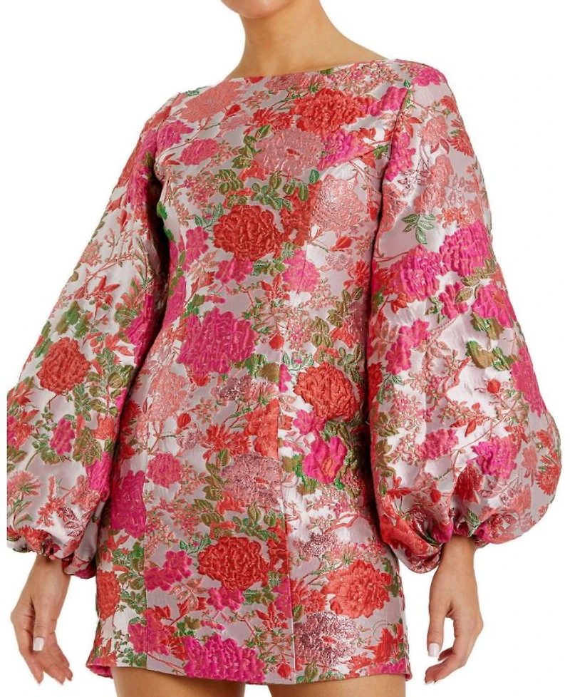 Brocade Balloon Sleeve Fitted Mini Dress