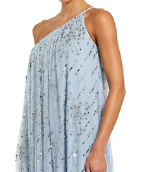 Bow Embellished Mesh One Shoulder High Low Gown