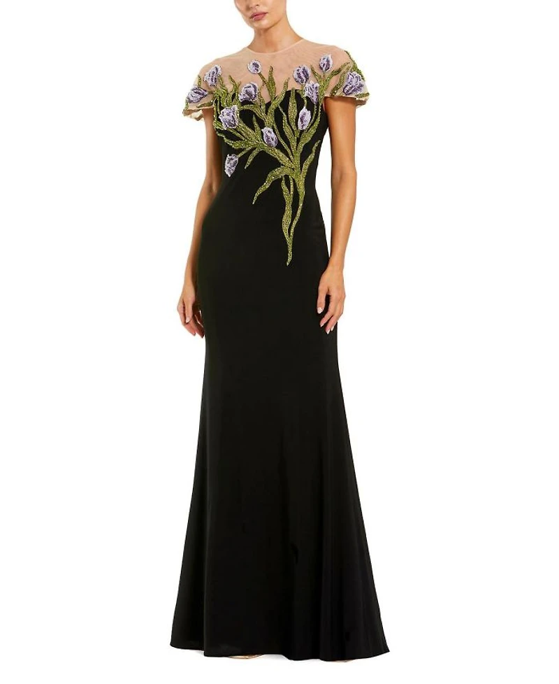 Jersey Floral Embroidered Illusion Neck Gown