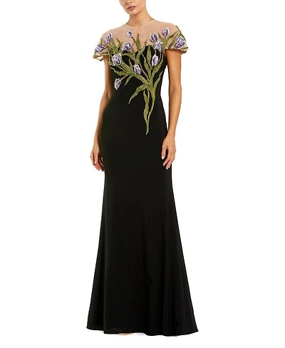 Jersey Floral Embroidered Illusion Neck Gown