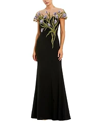 Jersey Floral Embroidered Illusion Neck Gown