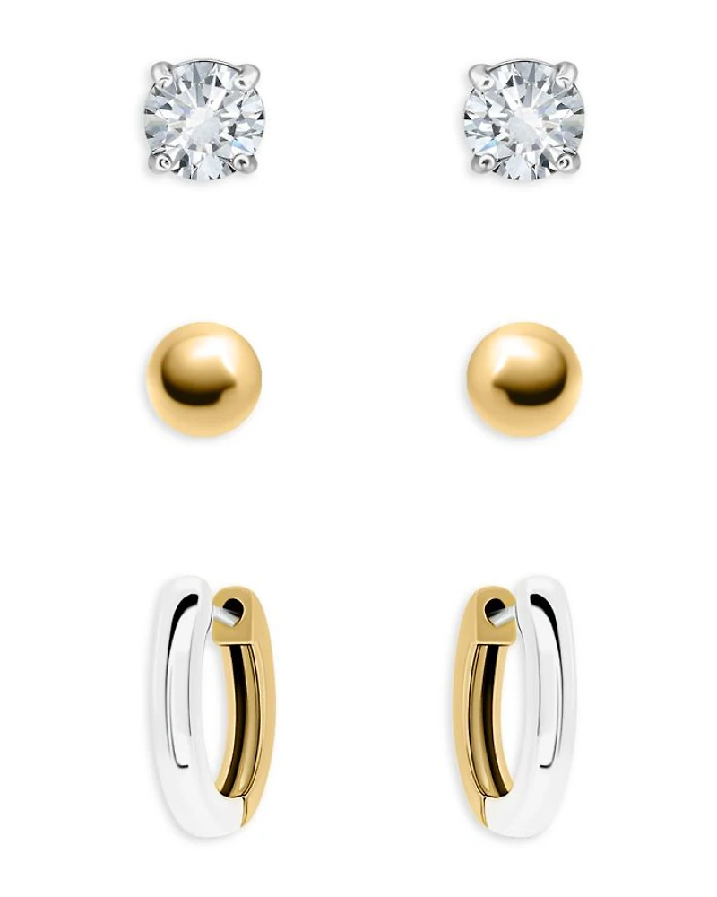 Cubic Zirconia & Polished Two-Tone Stud & Hoop Earrings, Set of 3