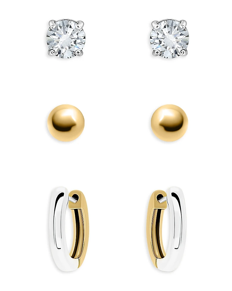 Aqua 18K Gold Plated, Sterling Silver & Cubic Zirconia Two-Tone Stud & Hoop Earrings, Set of 3 - Exclusive