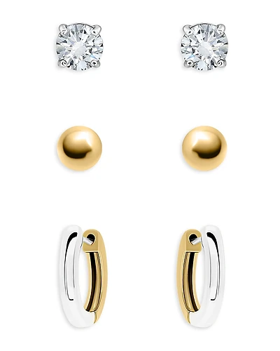 Aqua 18K Gold Plated, Sterling Silver & Cubic Zirconia Two-Tone Stud & Hoop Earrings, Set of 3 - Exclusive