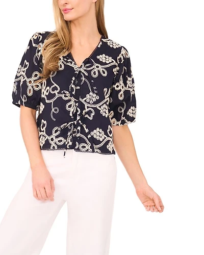 Embroidered Short Sleeve Tie Front Top