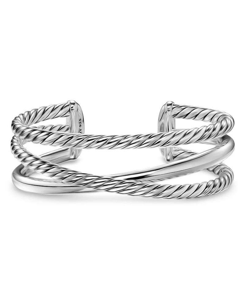 Bold Crossover Three Row Cuff Bracelet Sterling Silver, 19mm