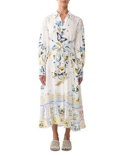 Camilla Linen Tie Waist Mixed Print Shirtdress