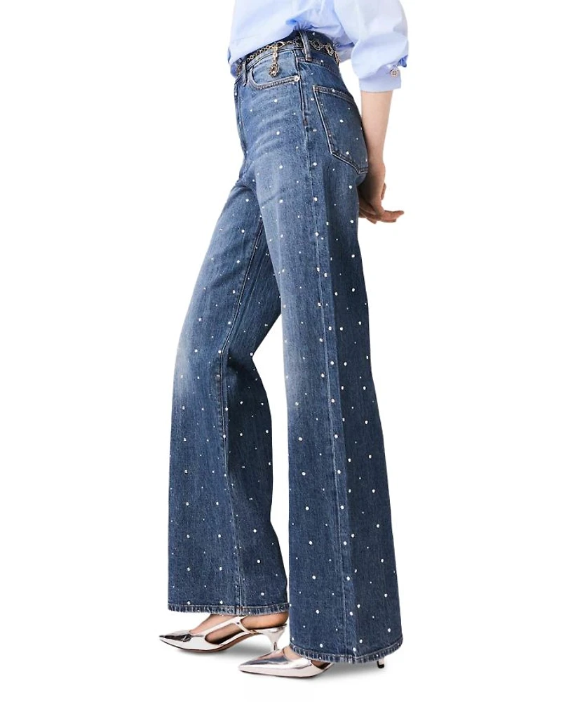 Studded High Rise Wide Leg Jeans Blue