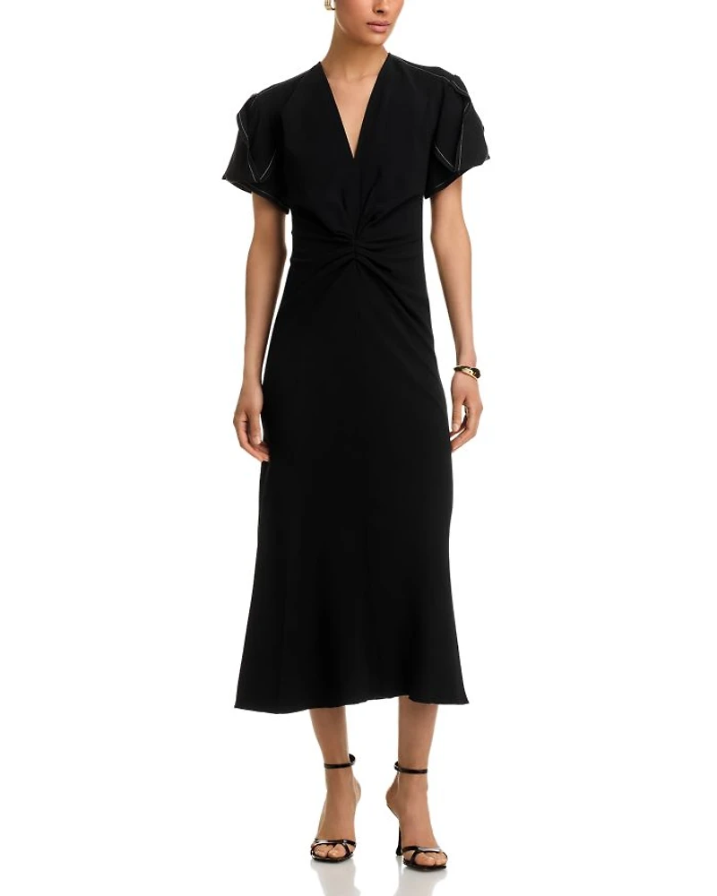 V Neck Gathered Front Midi Dress