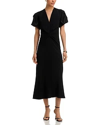 V Neck Gathered Front Midi Dress