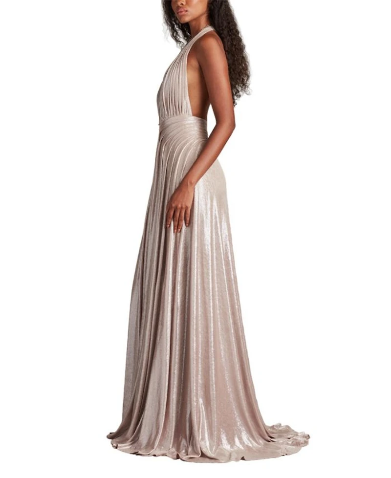 Zarelle Pleated Metallic Halter Gown