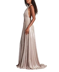 Zarelle Pleated Metallic Halter Gown