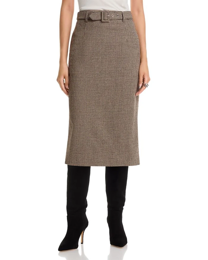 Houndstooth Belted Midi Skirt