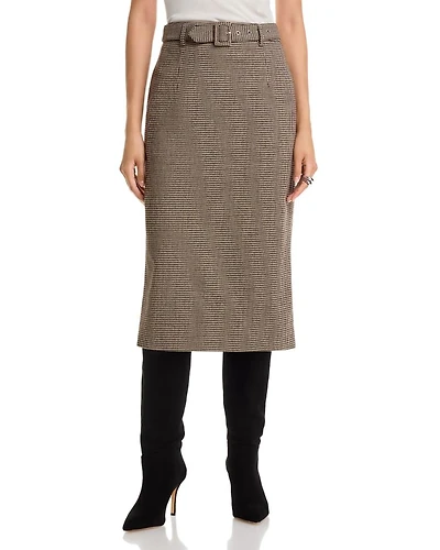 Houndstooth Belted Midi Skirt