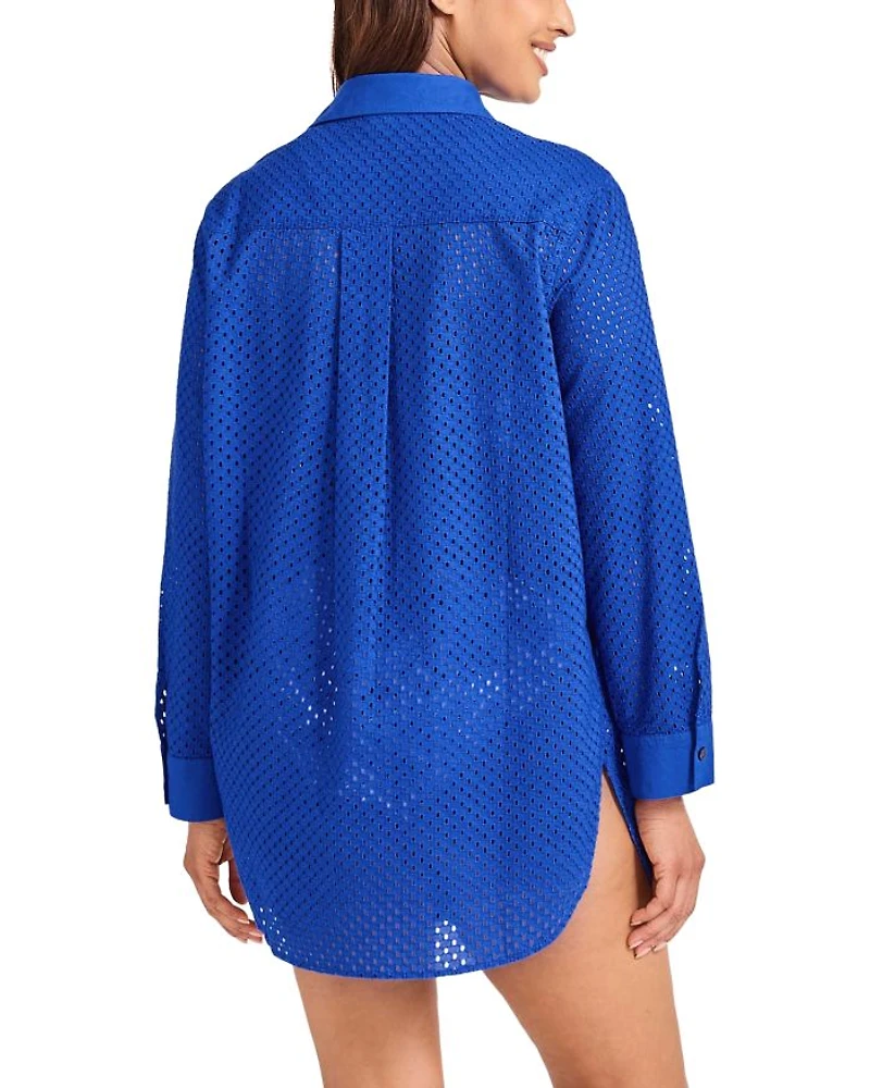 Eyelet Boyfriend Shirt Swim Cover-Up