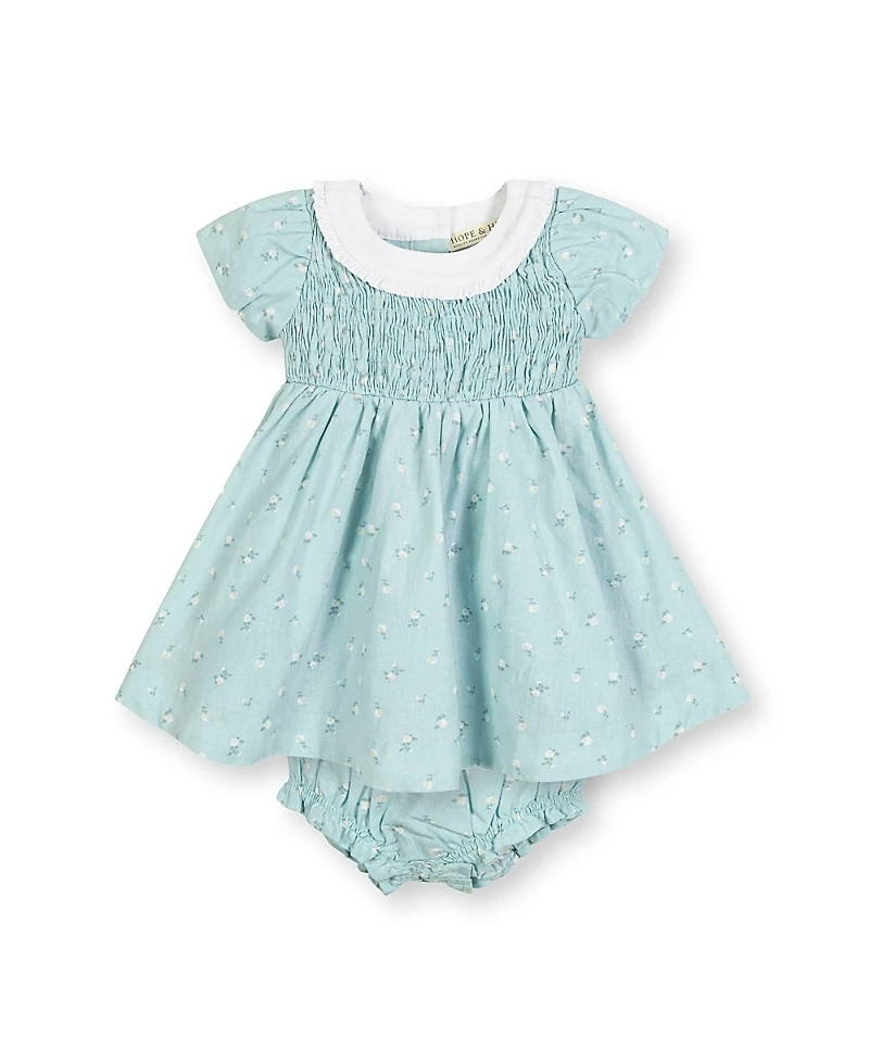 Hope & Henry Girls' Short Sleeve with Ruffle Collar Linen Dress - Baby