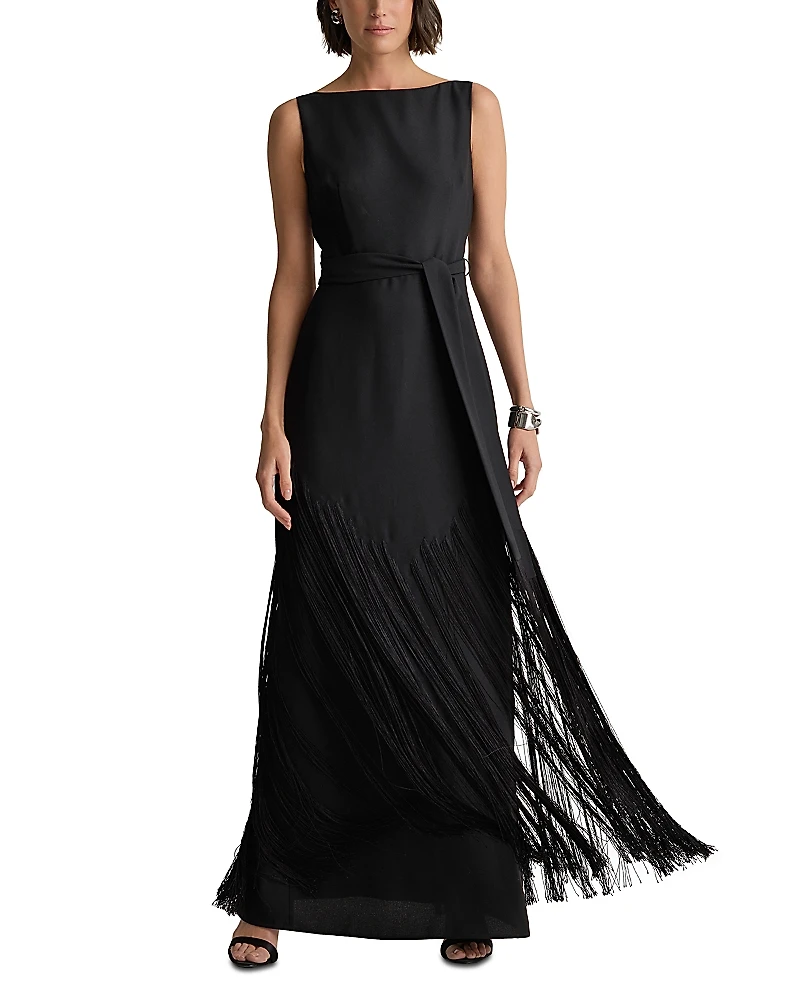 St. John 70s Inspired Fringed Satin Gown