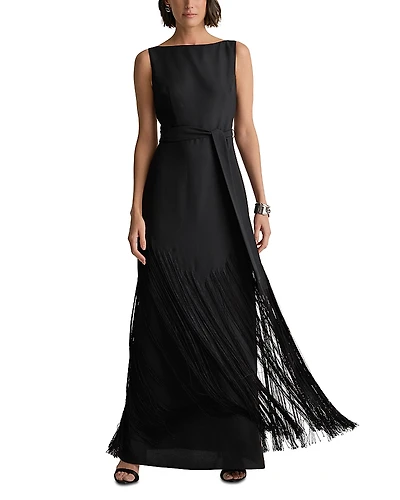 St. John 70s Inspired Fringed Satin Gown