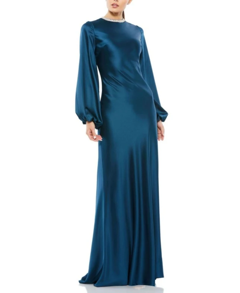 Satin Long Blouson Sleeve Evening Gown