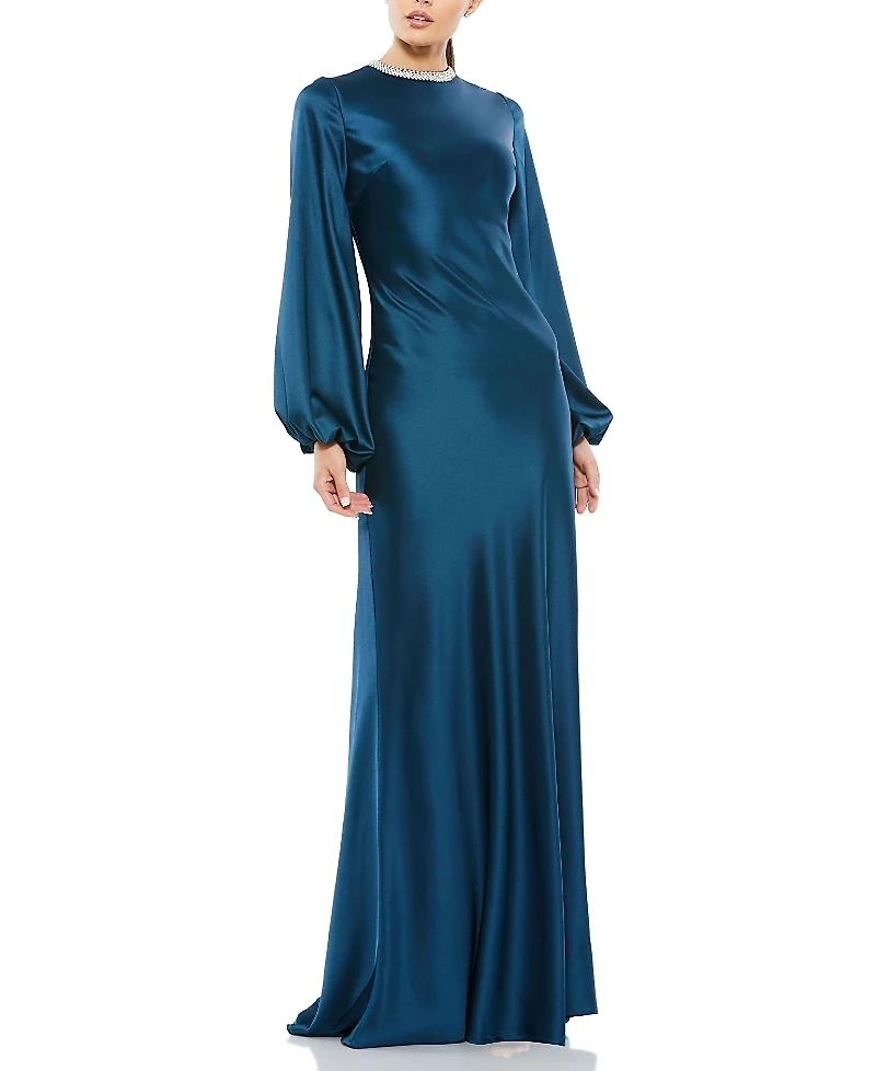 Mac Duggal Satin Long Blouson Sleeve Evening Gown