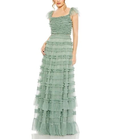 Ruffle Cap Sleeve Embellished Tiered Gown