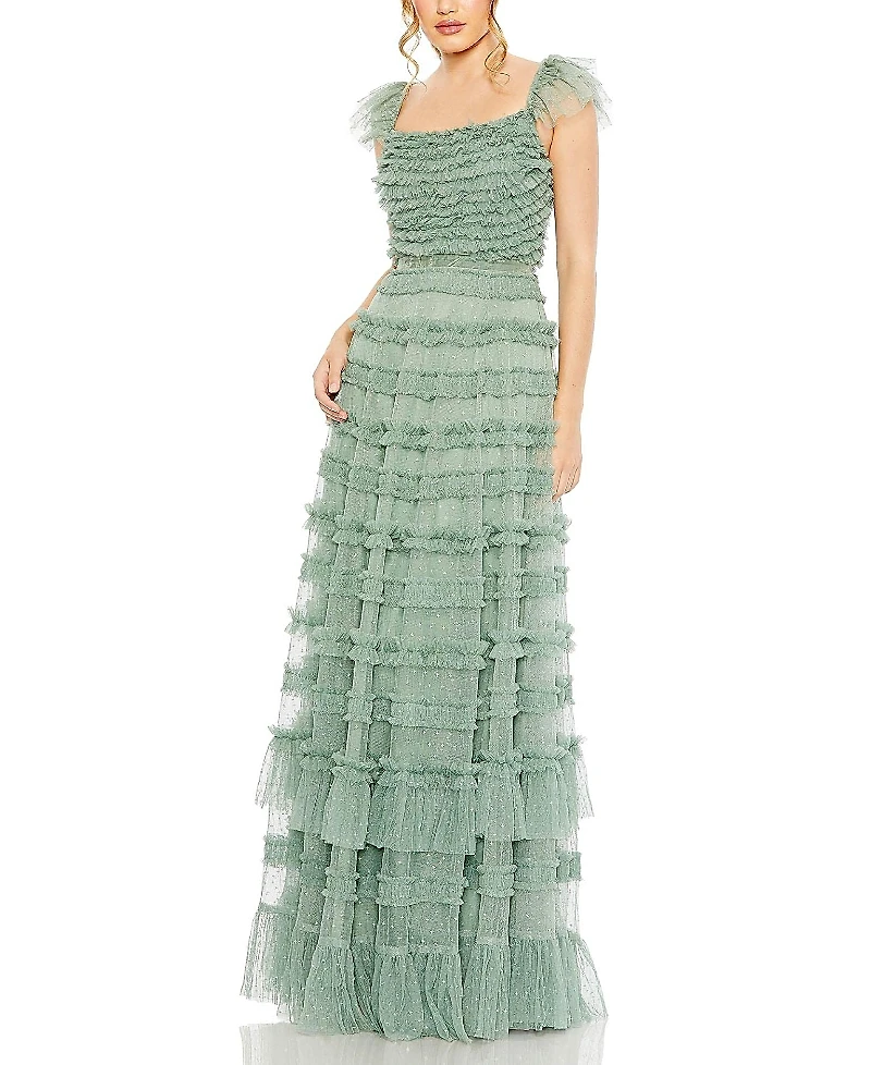 Mac Duggal Ruffle Cap Sleeve Embellished Tiered Gown