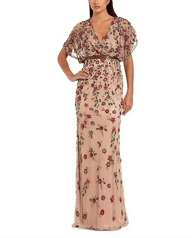 Mac Duggal Floral Embellished Short Sleeve Blouson Gown