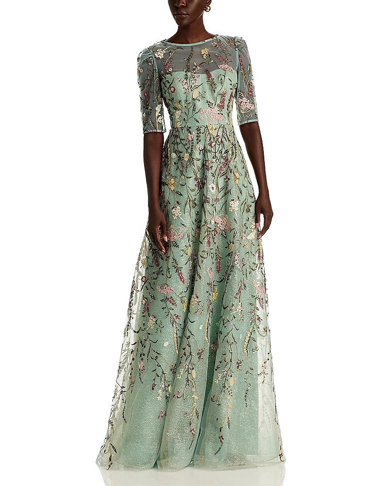 Teri Jon by Rickie Freeman Floral Embroidered Tulle Elbow Sleeve Gown