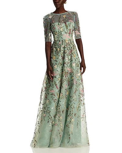 Teri Jon by Rickie Freeman Floral Embroidered Tulle Elbow Sleeve Gown