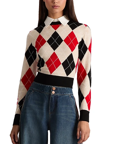 Alice and Olivia Carolann Collared Cropped Argyle Sweater