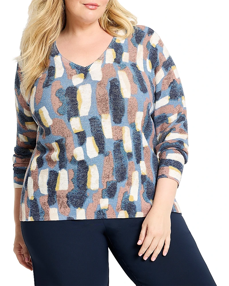 Nic+Zoe Plus Brushstrokes Waffle V Neck Sweater