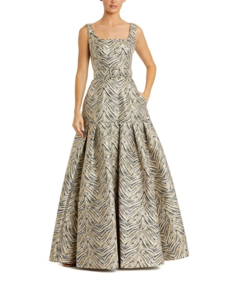 Sleeveless Brocade Gown with Belt