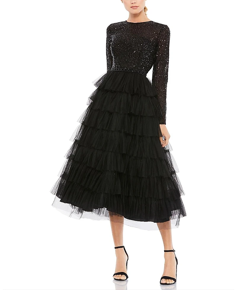 Mac Duggal Sequined Layered Tulle A Line Cocktail Dress