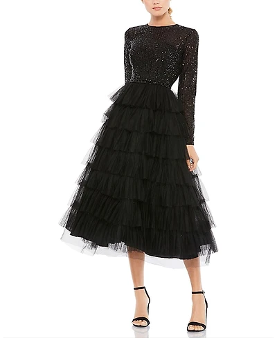 Mac Duggal Sequined Layered Tulle A Line Cocktail Dress