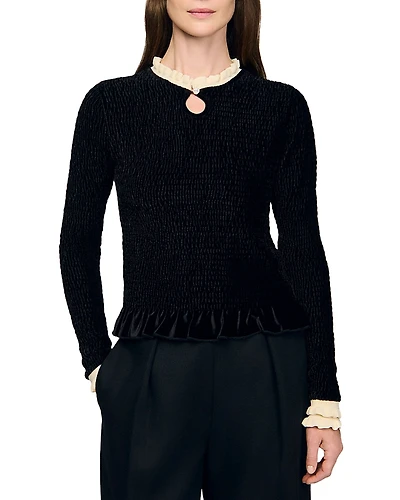 Sandro Eugenie Smocked Velvet Top