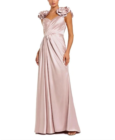 Satin Faux Wrap Gown with 3D Flower Straps