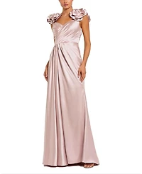 Satin Faux Wrap Gown with 3D Flower Straps