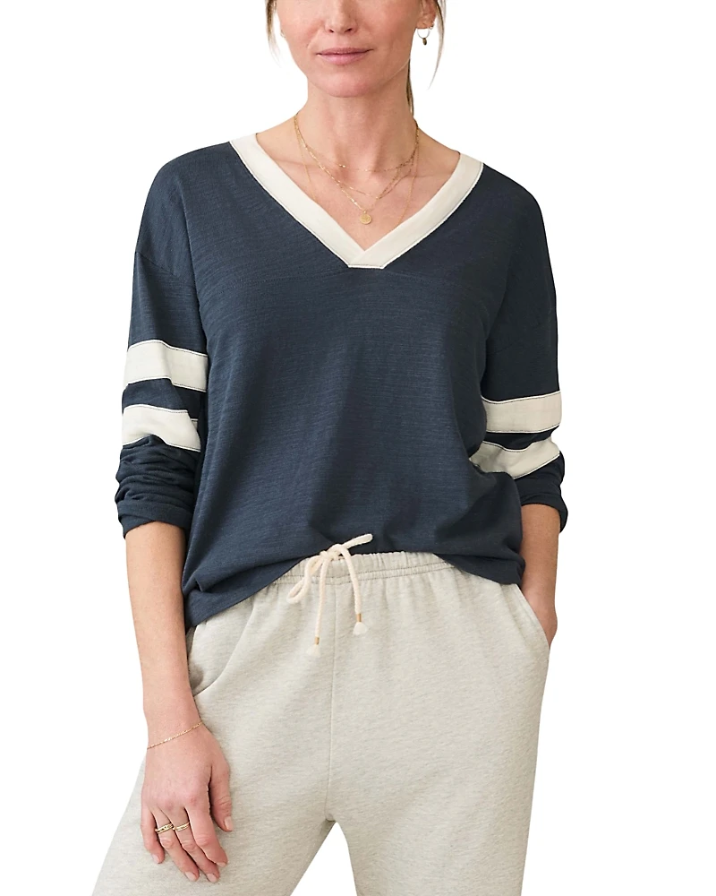 Faherty Slub Varsity V Neck Top