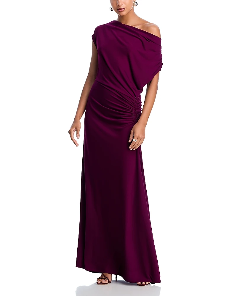 Aqua Off-the-Shoulder Ruched Jersey Gown - Exclusive