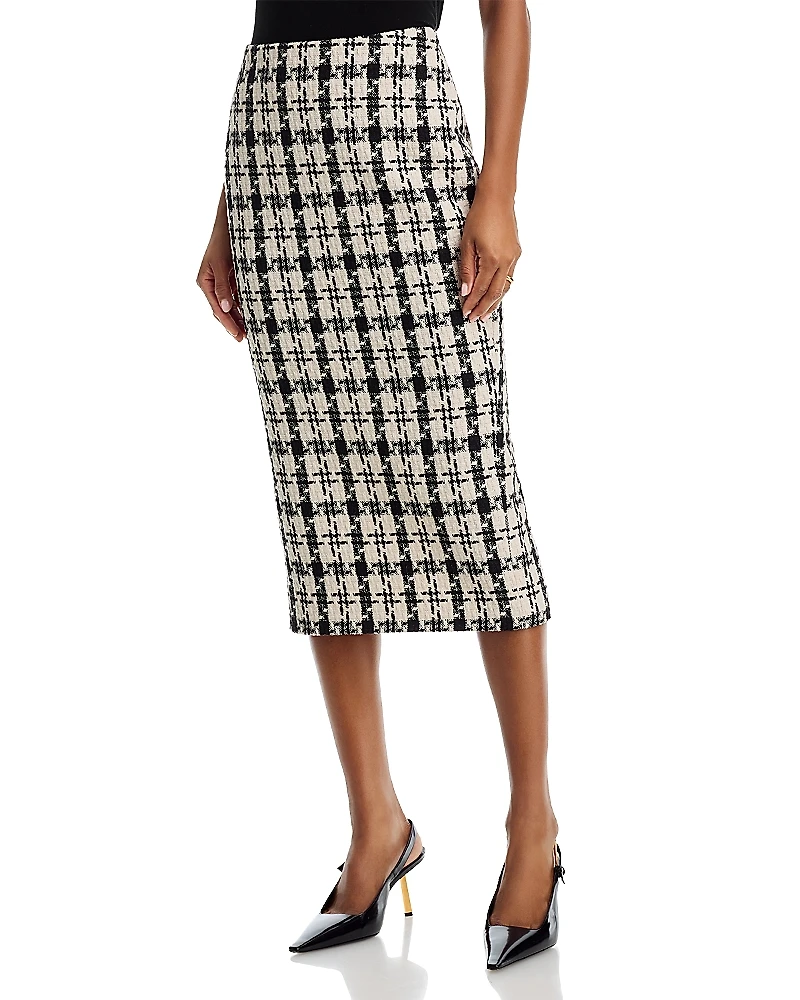 Aqua Houndstooth Tweed Midi Skirt - Exclusive