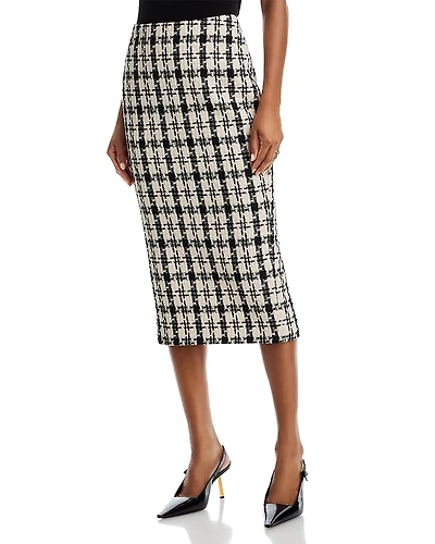 Aqua Houndstooth Tweed Midi Skirt - Exclusive