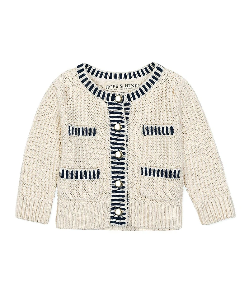 Hope & Henry Girls' Organic Puff Sleeve Textured Cardigan Sweater - Baby, Little Kid