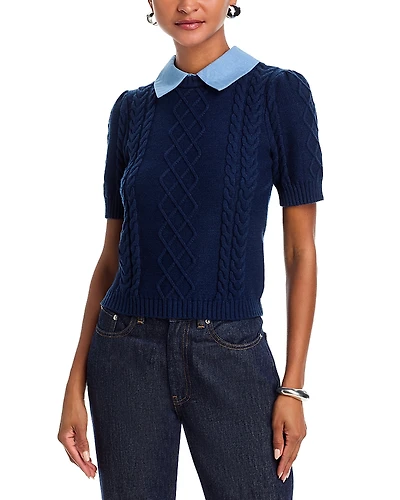 Aqua Cable Knit Short Sleeve Twofer Top - Exclusive